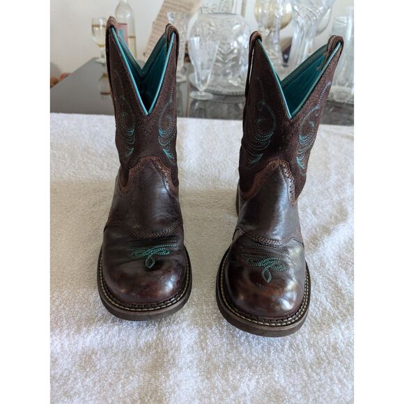 Ariat Women Western Boots Brown Turquoise Stitching Leather Round Toe - Picture 5 of 15